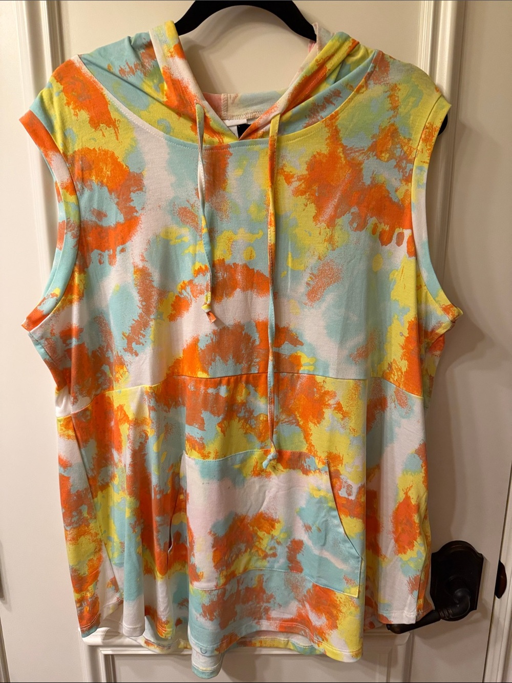LuLaRoe Brittany  Sleeveless Hooded Tie-Dye Tank - Orange, Yellow, Aqua, white